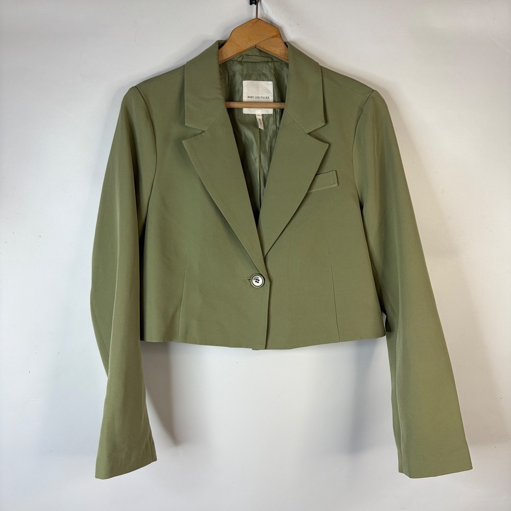 Avec Les Filles Blazer Women Large Sage Green Cropped Single Button Notched